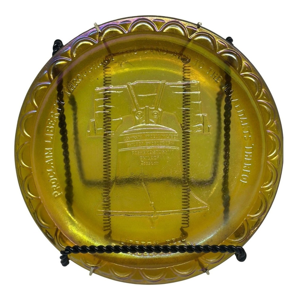 VTG Liberty Bell Philadelphia Amber‎ Carnival Glass Plate Iridescent Collectible